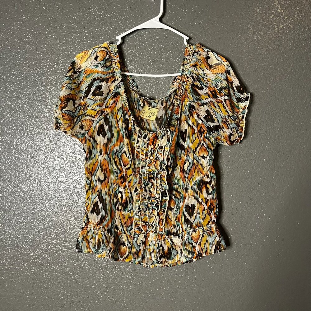 Women’s Medium Ruffle Boho Blouse Sheer Ikat Print Peasant Top M